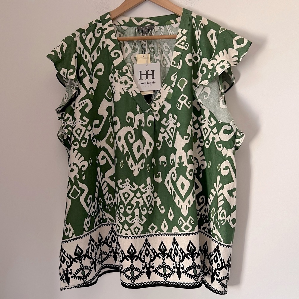 Hippie Haute Ikat Print Green Linen Blend Flutter Sleeve Popover Top NEW